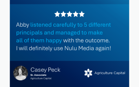 Five star feedback from Casey Peck about Nulu Media presentation services.